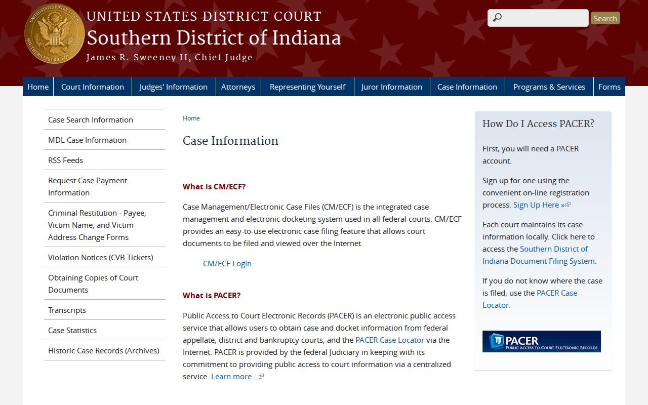 Federal case information route for a Kokomo court docket search