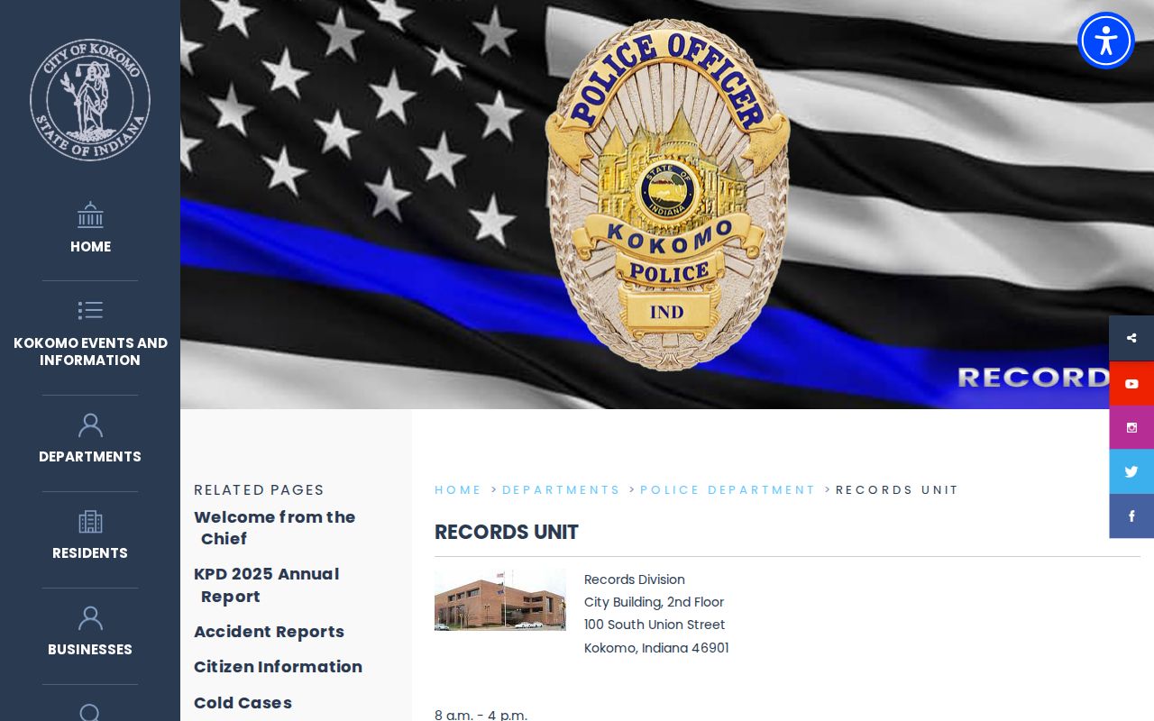 Kokomo Police Records Unit route for Kokomo traffic and police records