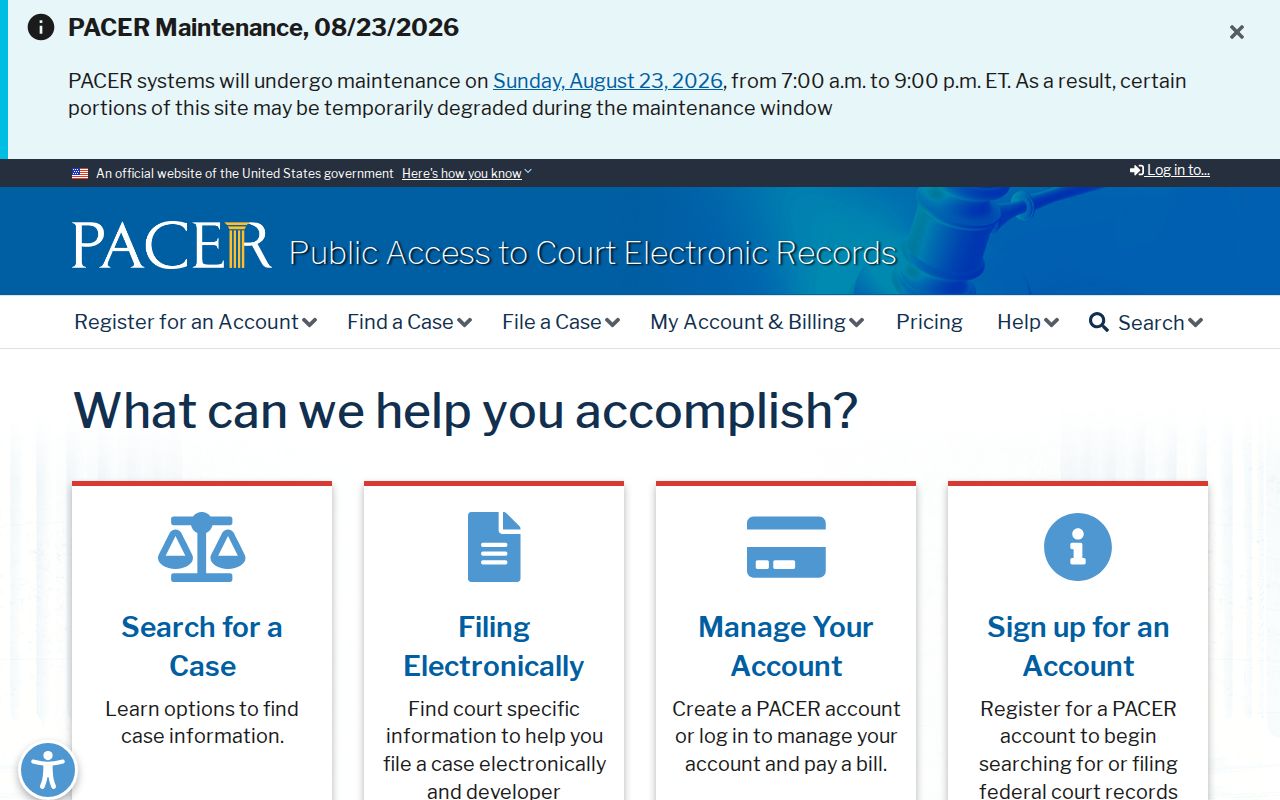 PACER federal access for a Russiaville court docket search